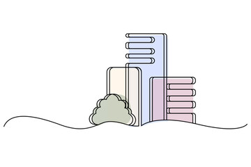 Minimalist illustration of buildings drawn with a single line, featuring pastel-colored skyscrapers and a tree in the foreground.