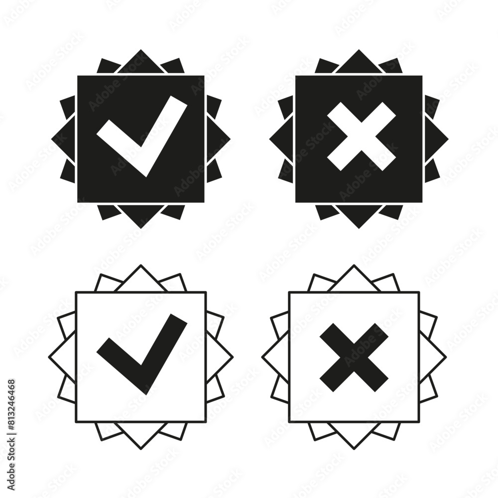 Poster check and cross mark icons set. vector decision symbols. approval and rejection signs.