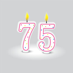 Birthday number candles. Seventy five celebration. Colorful dotted design. Grey background vector.