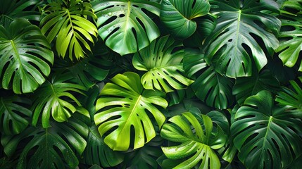 Tropical leaves background, dense array of vibrant green palm and monstera leaves, creating a lush floral pattern, Bright daylight illuminates each leaf, highlighting the intricate patterns and dew dr