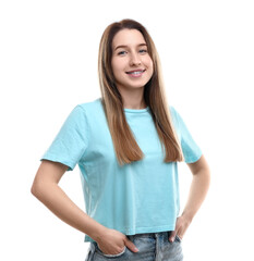 Fototapeta premium Portrait of smiling woman with dental braces on white background