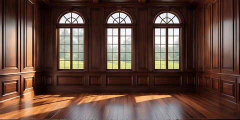 Fototapeta premium empty room with dark wood paneling and window, Luxury wood paneling background or texture. highly crafted classic or traditional wood paneling, with a frame pattern 
