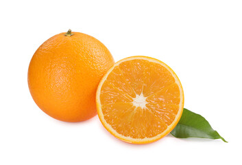 Whole and cut ripe oranges isolated on white