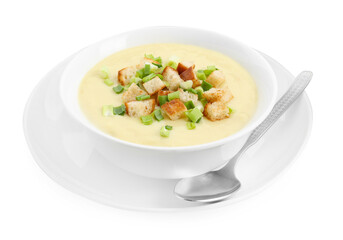 Tasty potato soup with croutons in bowl and spoon isolated on white