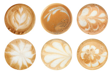 Coffee foam with latte art isolated on white, top view