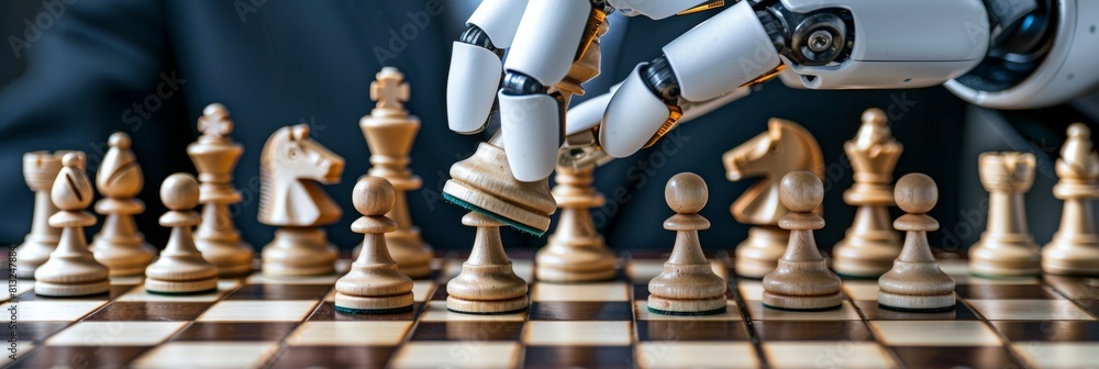 Poster close up of ai robot s hand in intense chess game, focused on moving chess pieces