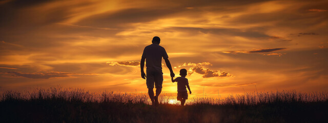 father and his son walking on sunset
