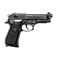 A black handgun is on a white background