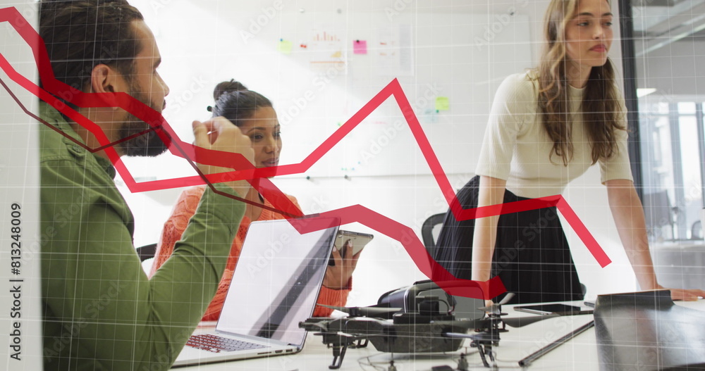 Poster image of statistical data processing against team of diverse colleagues discussing at office