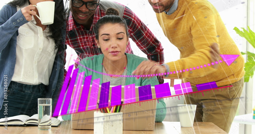 Poster image of statistical data processing over diverse colleagues discussing over a laptop at office