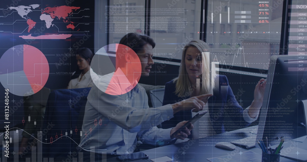 Poster image of statistical data processing over diverse man woman discussing over a computer at office
