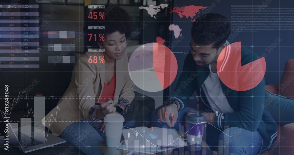 Poster image of statistical data processing against diverse man and woman discussing at office