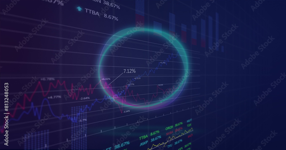 Poster Image of neon round shape spinning over statistical and stock market data processing
