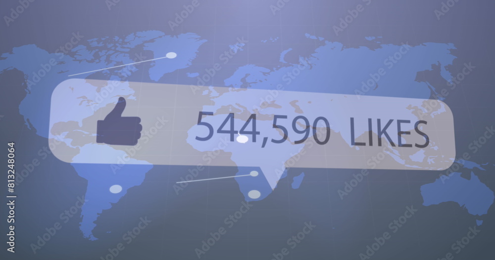 Poster image of thumbs up icon with increasing likes against network of connections over a world map