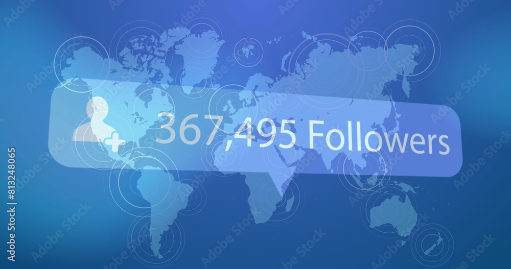 Poster image of profile icon with increasing followers against pulsating circles over world map