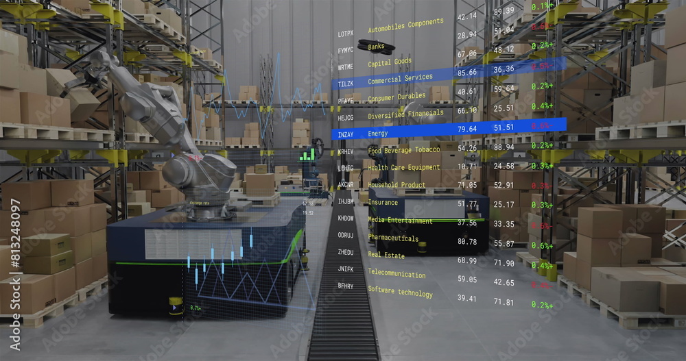 Poster image of screen with data processing over warehouse