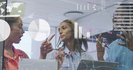 Image of infographic interface over diverse coworkers discussing strategy on transparent board