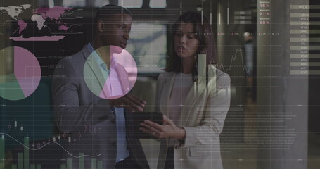 Image of statistical data processing over diverse businessman businesswoman discussing at office