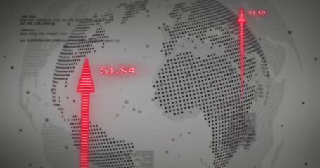 Image of financial data processing and arrows over globe