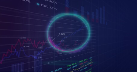 Image of neon round shape spinning over statistical and stock market data processing