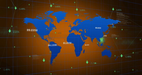 Image of financial data processing and arrows over world map