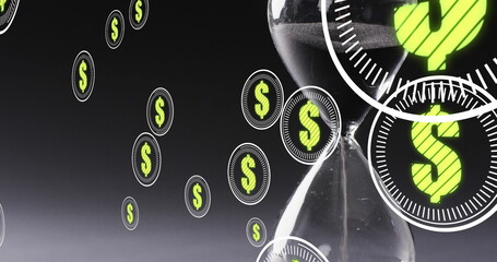 Image of american dollar signs and financial data processing over hourglass