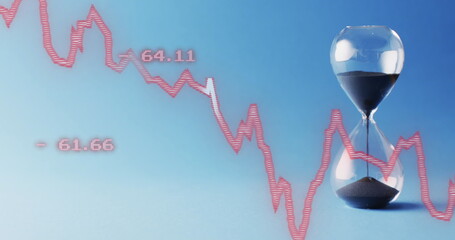 Image of red line and financial data processing over hourglass