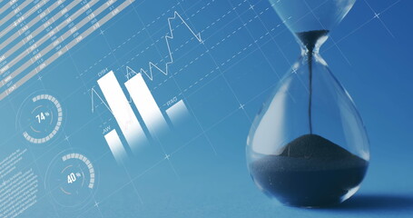 Image of statistics and financial data processing over hourglass