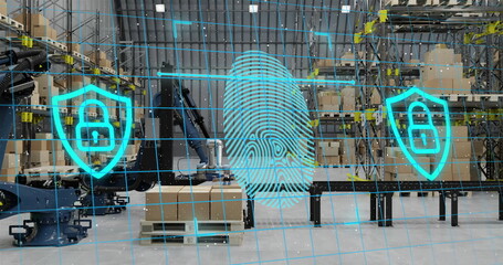 Image of biometric fingerpint and data processing over warehouse