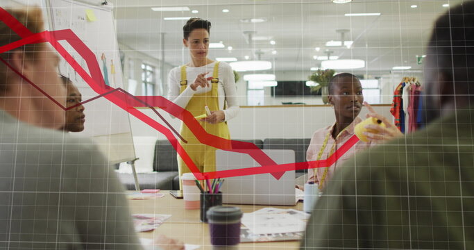 Image of statistical data processing over team of diverse fashion designers discussing at office