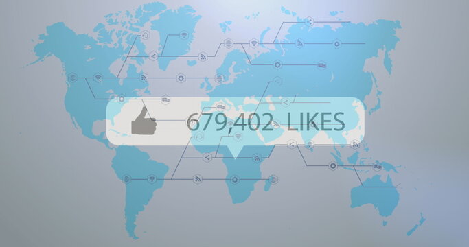 Image of thumbs up icon with increasing likes over world map against grey background