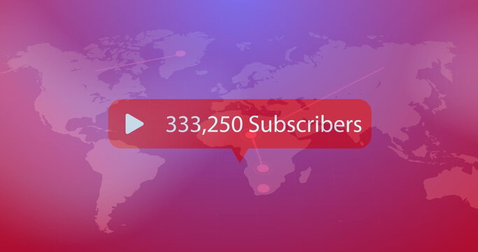 Image of play icon with increasing subscribers over world map against purple gradient background - Powered by Adobe