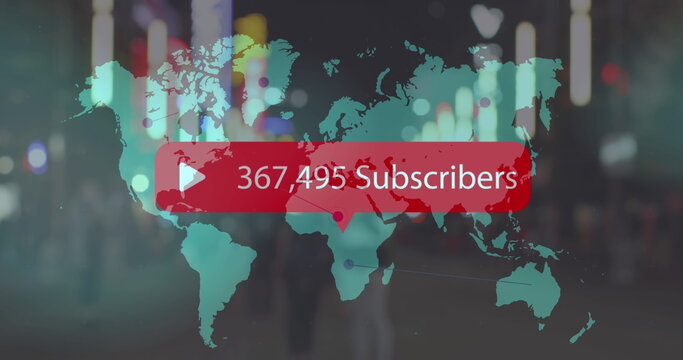 Image of play icon with increasing subscribers over world map against people walking on street