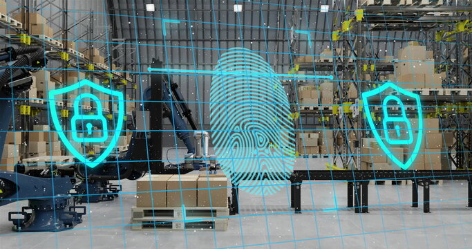 Image of biometric fingerpint and data processing over warehouse - Powered by Adobe