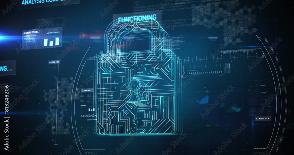 Poster image of scope scanning over security padlock icon and data processing on black background
