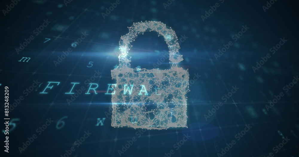 Poster image of cyber security data processing over security padlock icon against blue background