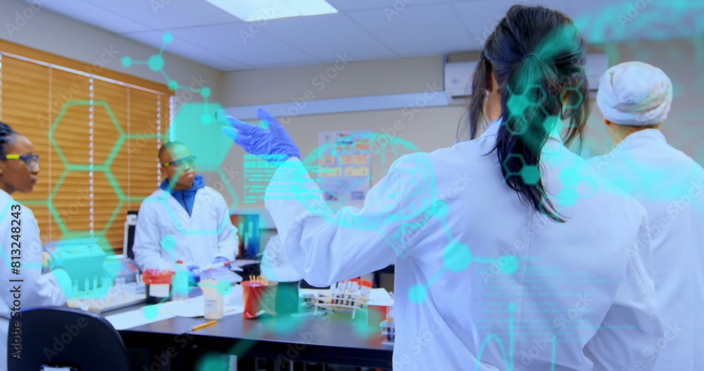 Poster image of medical data processing over group of diverse scientists discussing at laboratory