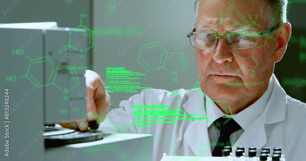 Poster image of data processing over caucasian male scientist using centrifuge machine at laboratory