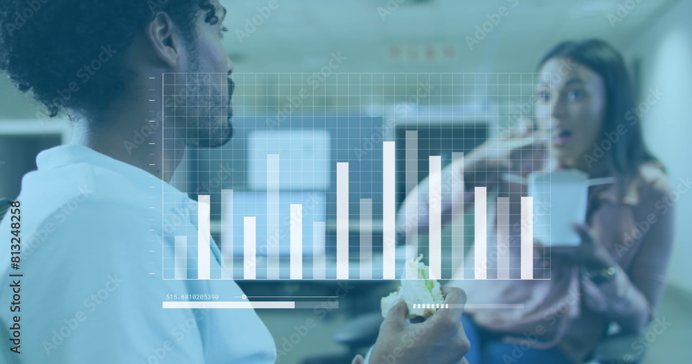 Poster image of data processing against diverse man and woman discussing while having snacks at office