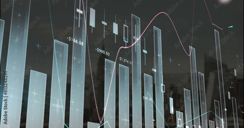 Poster image of multiple graphs with changing numbers over modern buildings against sky