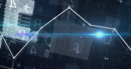 Image of light spot over statistical data processing against blue background