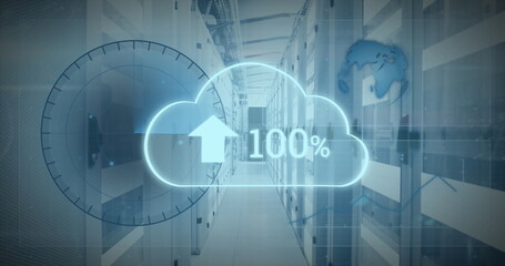 Image of cloud data upload icon, round scanner and data processing against computer server room