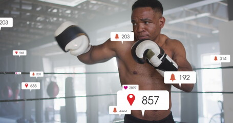 Image of notification bars over african american boxer practicing punches in ring