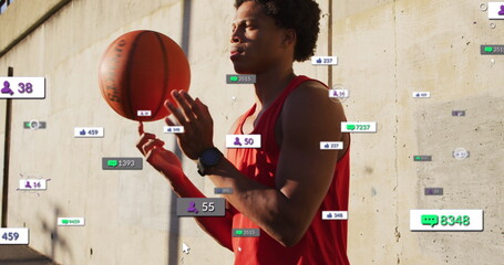 Image of multiple notification bars over biracial player spinning basketball on finger - Powered by Adobe