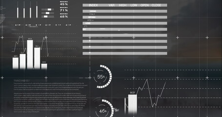 Image of infographic interface over modern cityscape against cloudy sky