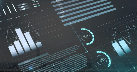 Image of infographic interface over fog covered modern cityscape against cloudy sky