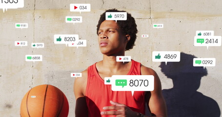 Image of multiple notification bars over biracial basketball player juggling ball