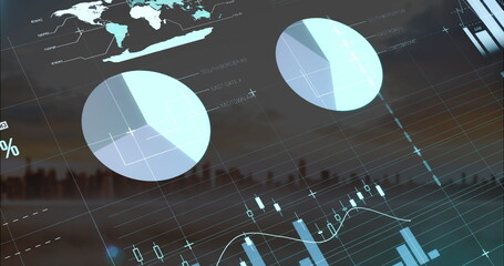 Image of infographic interface over modern cityscape against cloudy sky
