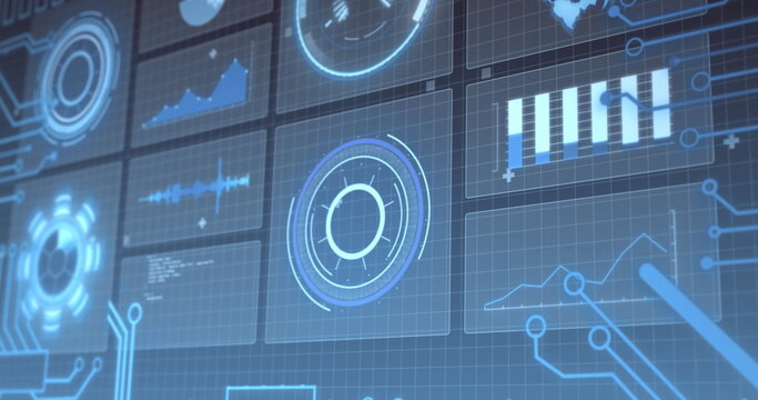 Image of interface with round scanner and data processing against blue background - Powered by Adobe