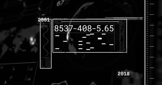 Image of interface with data processing and spinning globe against black background